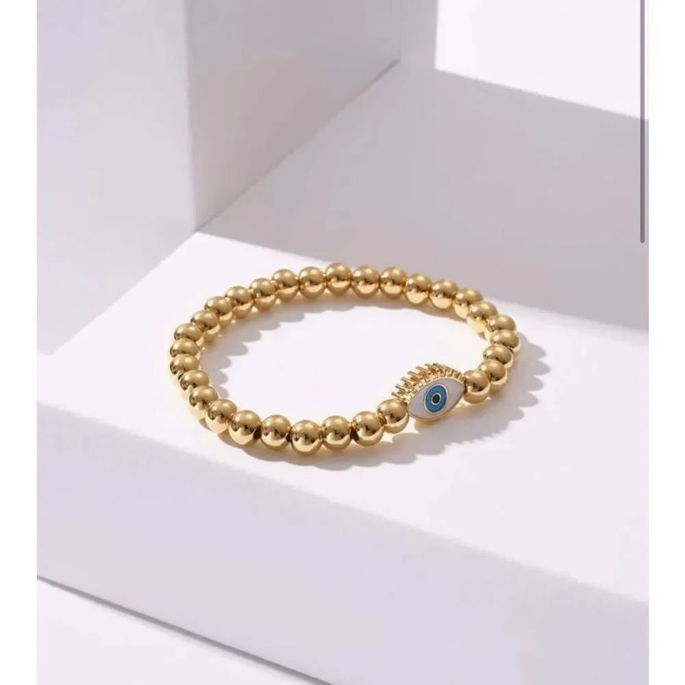 Eyelash Evil Eye Gold Beaded Charm Bracelet